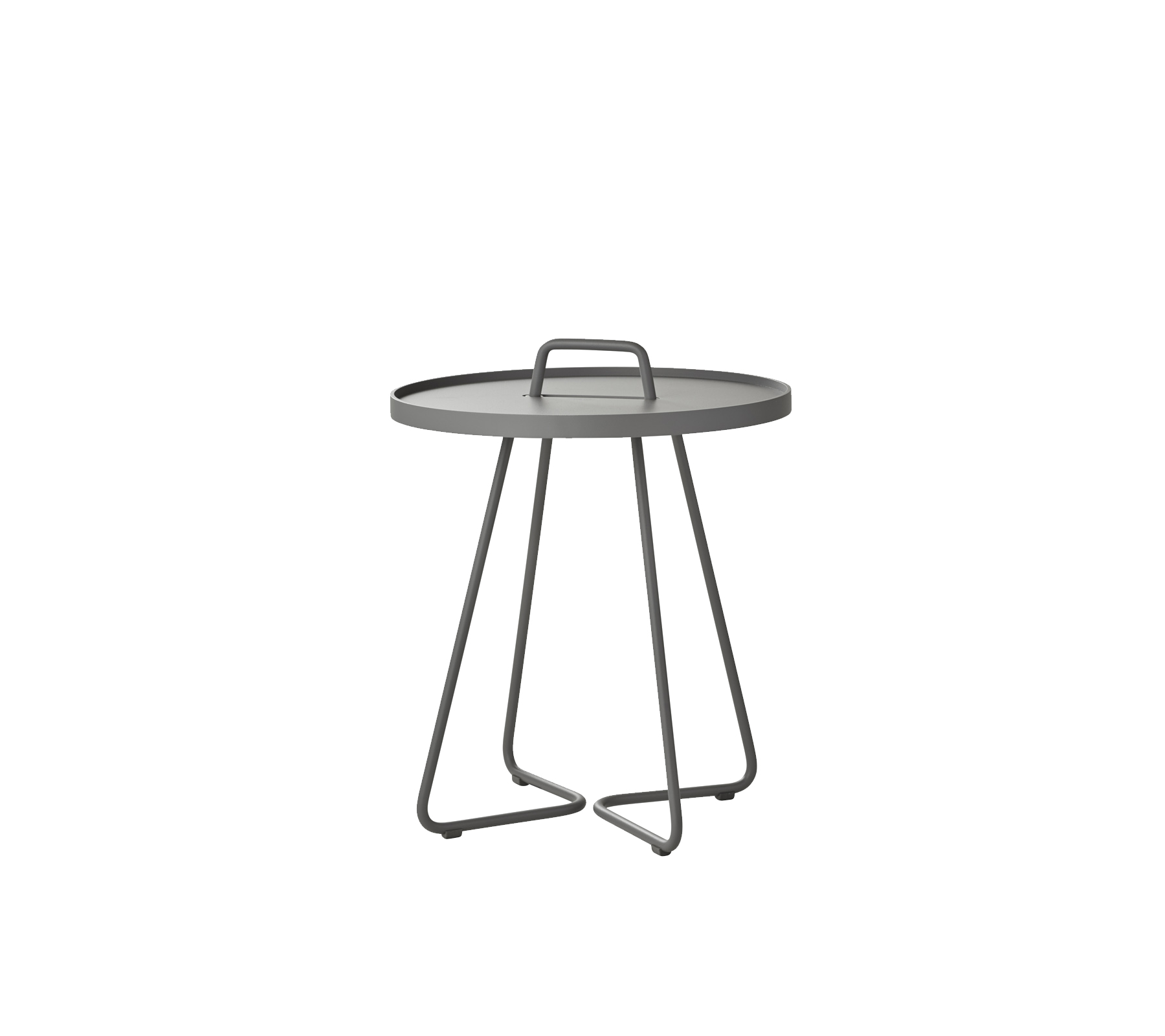 Small round table with a gray tray top and minimalist metal legs, featuring a handle for easy mobility. Ideal for various settings.