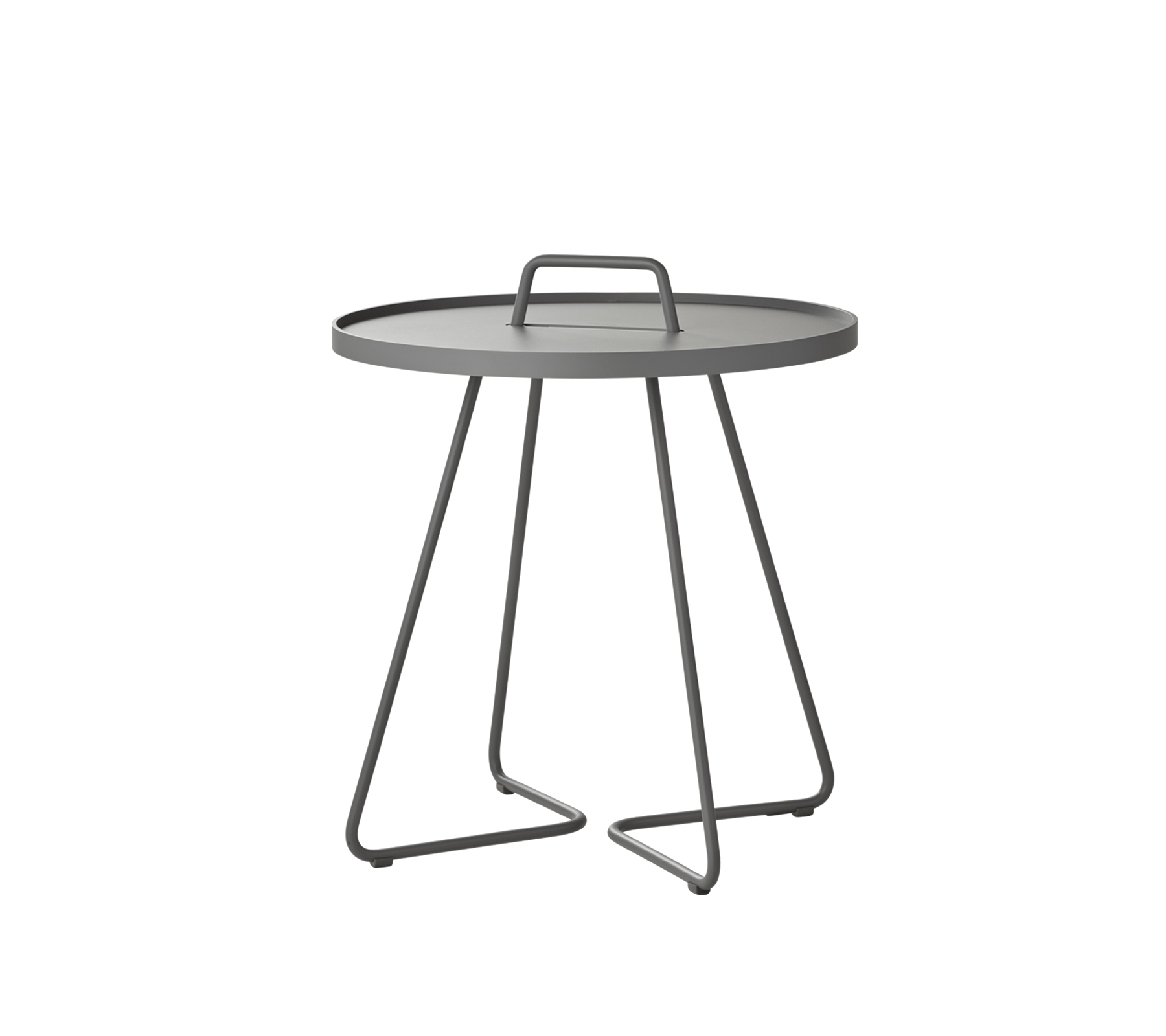 Round table with a sleek gray top and minimalist metal legs, designed for versatile use in various settings.