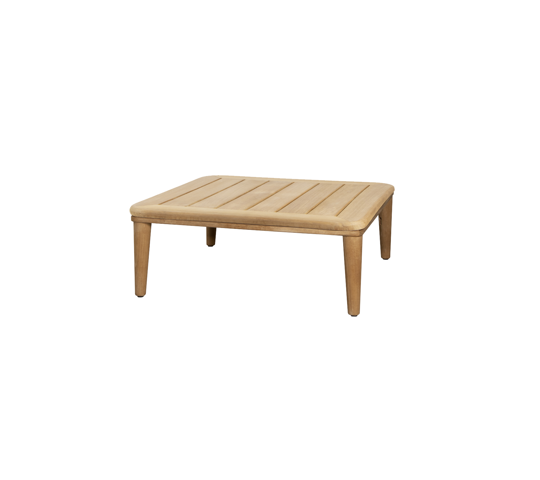 Square wooden table with a slatted top and four sturdy legs, designed for versatile use in various settings.