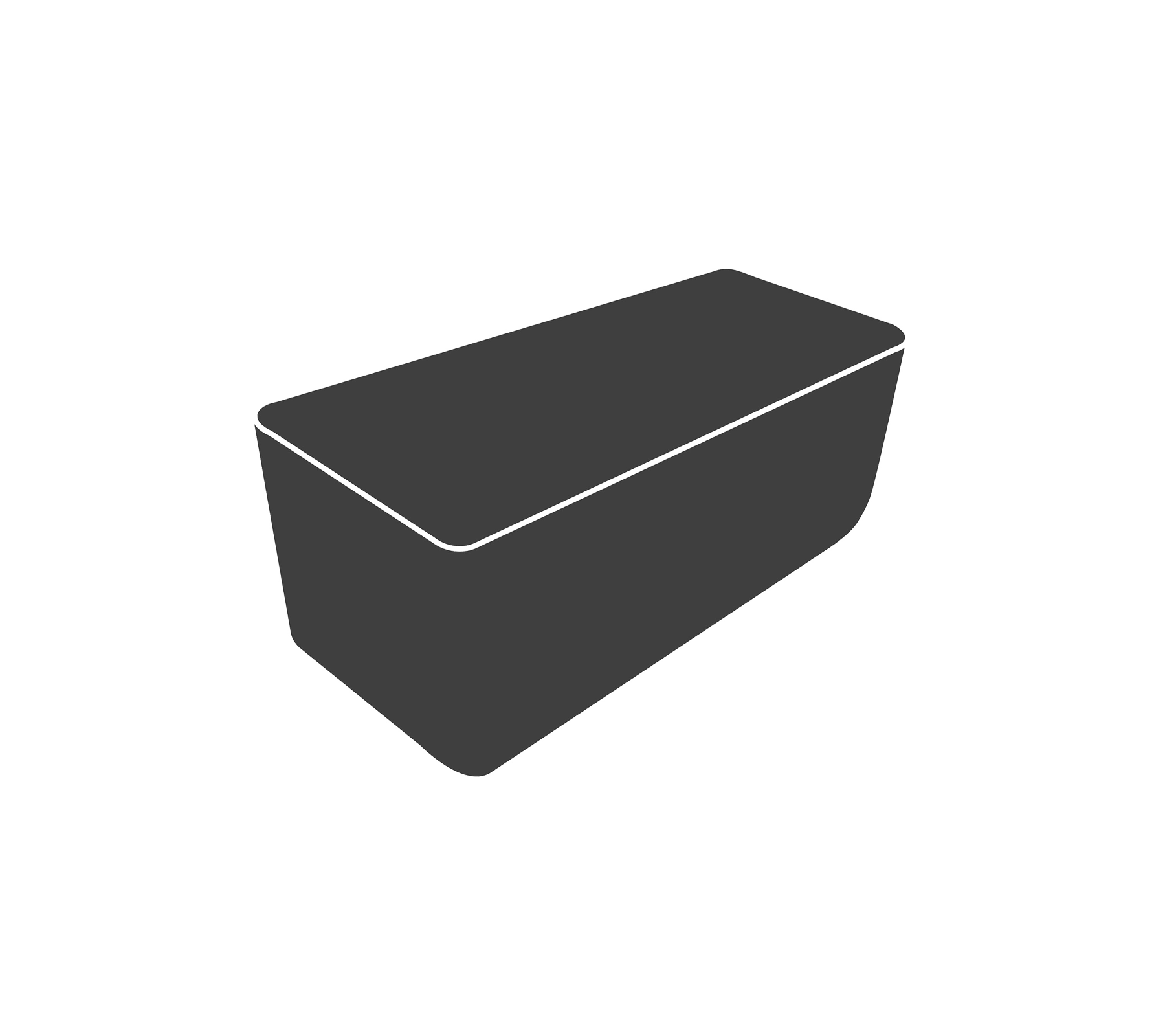 A sleek, rectangular container with a tapered design, featuring a lid and a smooth surface, ideal for storage or serving.