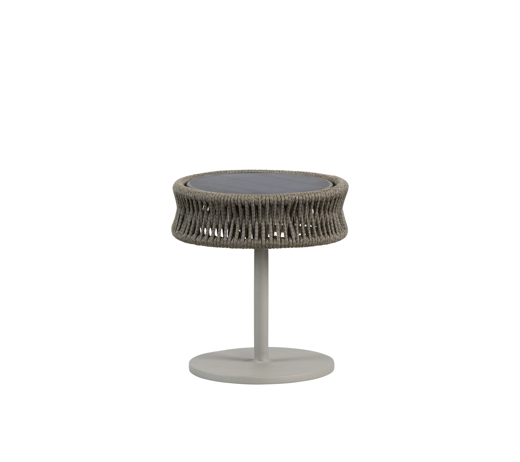 Round table with a textured, woven design in neutral tones, featuring a sleek pedestal base. Ideal for stylish modern spaces.