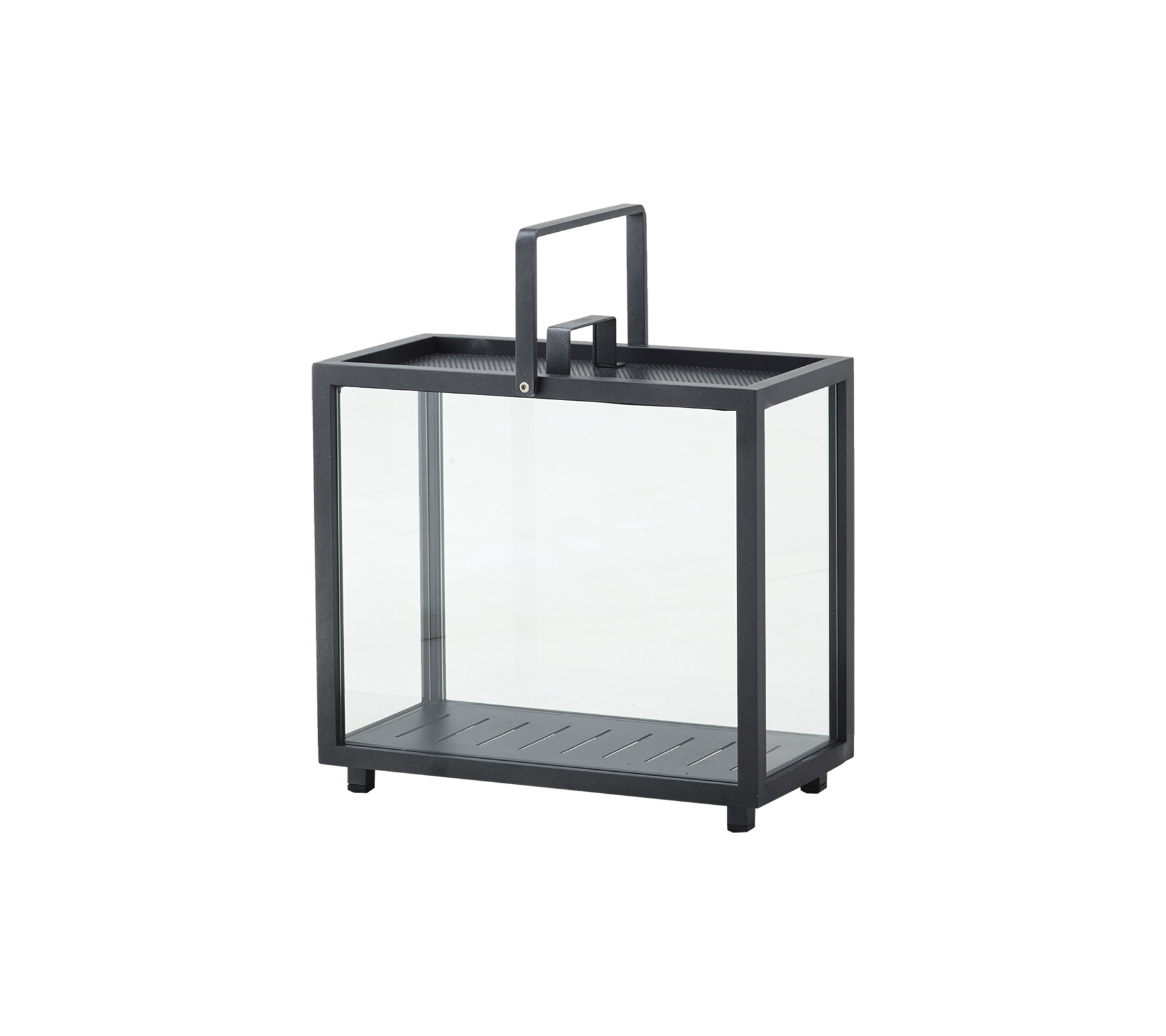 A decorative lantern with a glass body and metal frame, featuring a handle for easy carrying. Ideal for holding candles or lights.