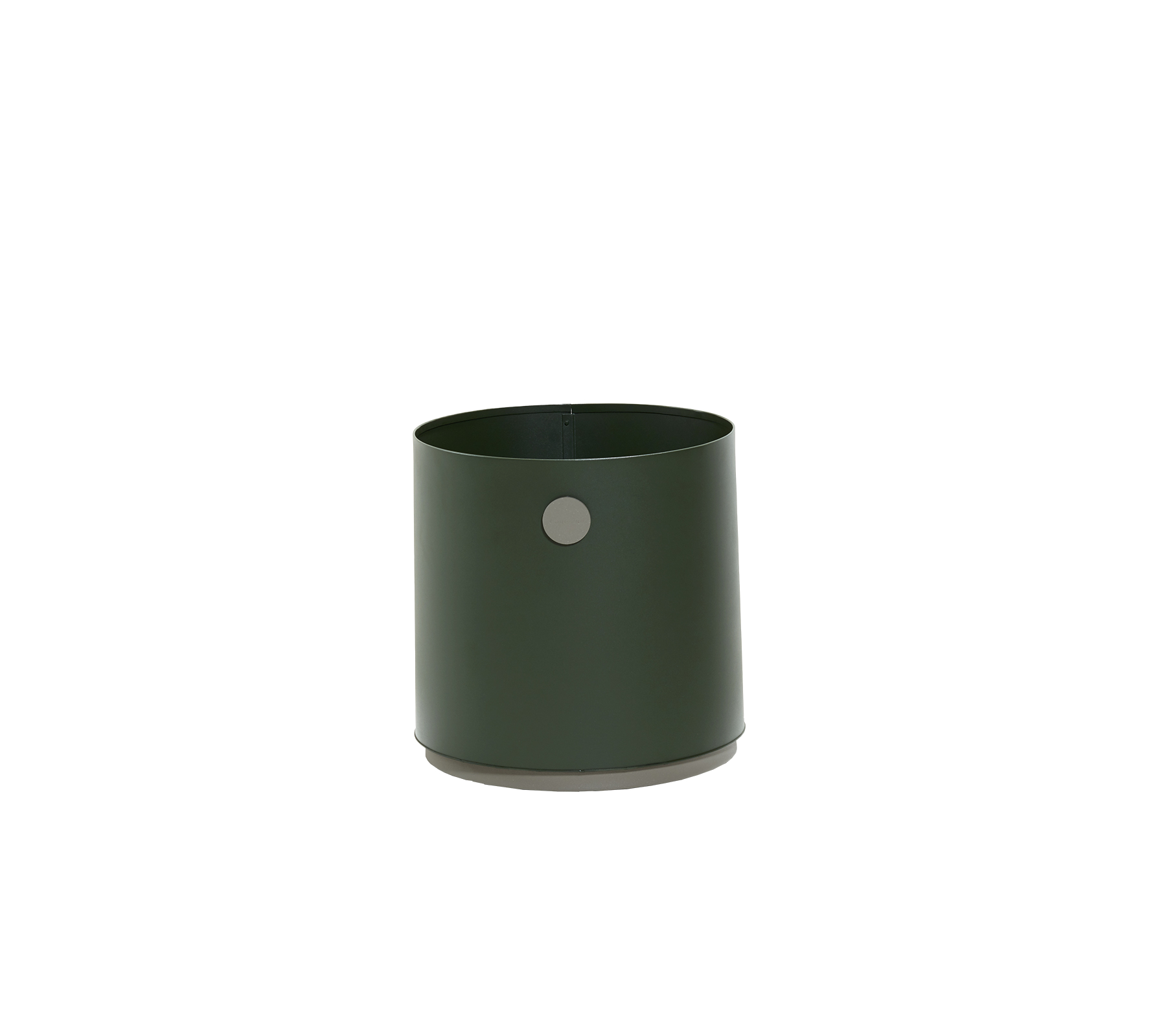Green metal container with a smooth finish and a small circular hole on the side, suitable for various uses.