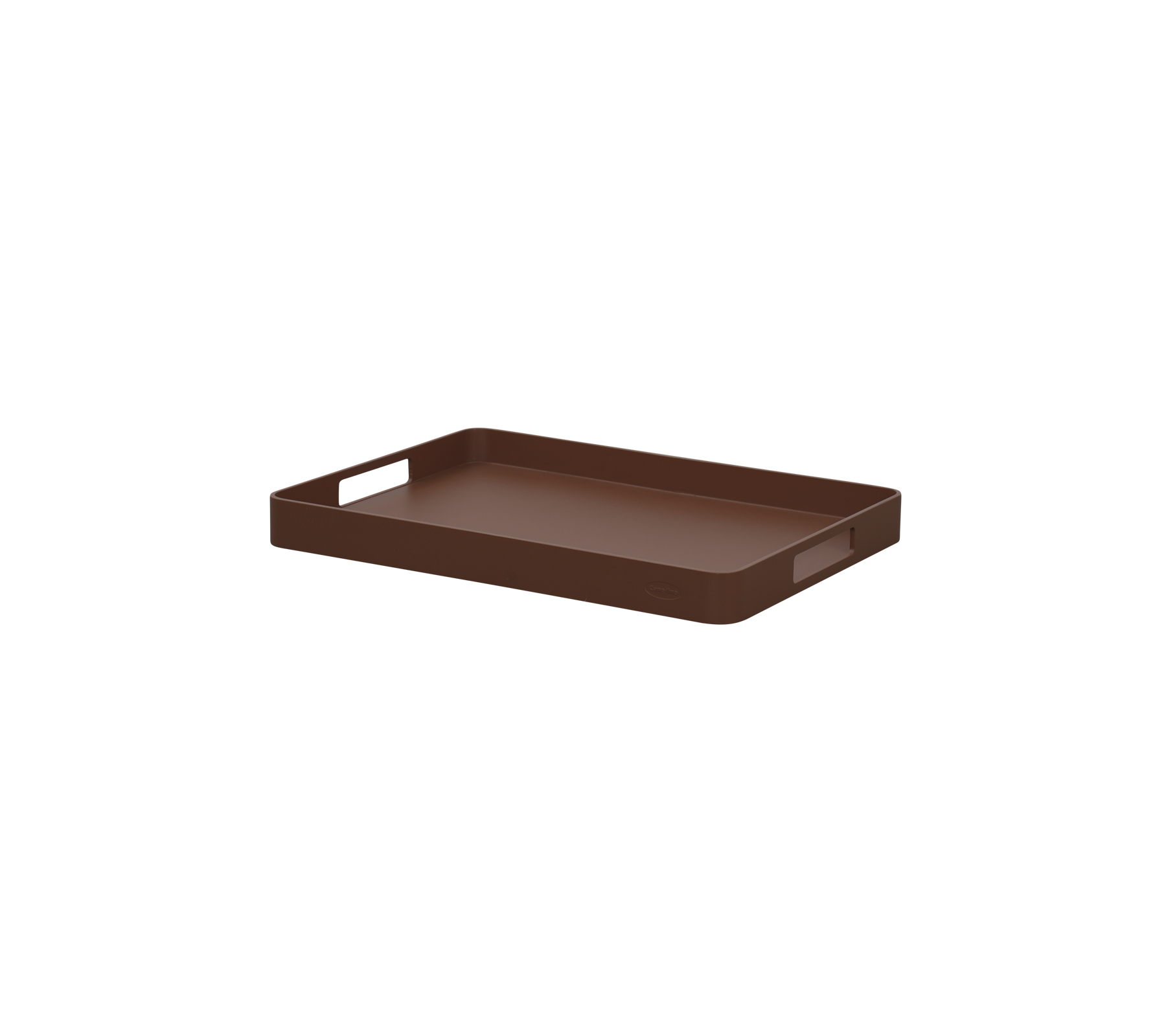 Brown serving tray with raised edges and handles for easy carrying. Suitable for organizing items or serving food and drinks.