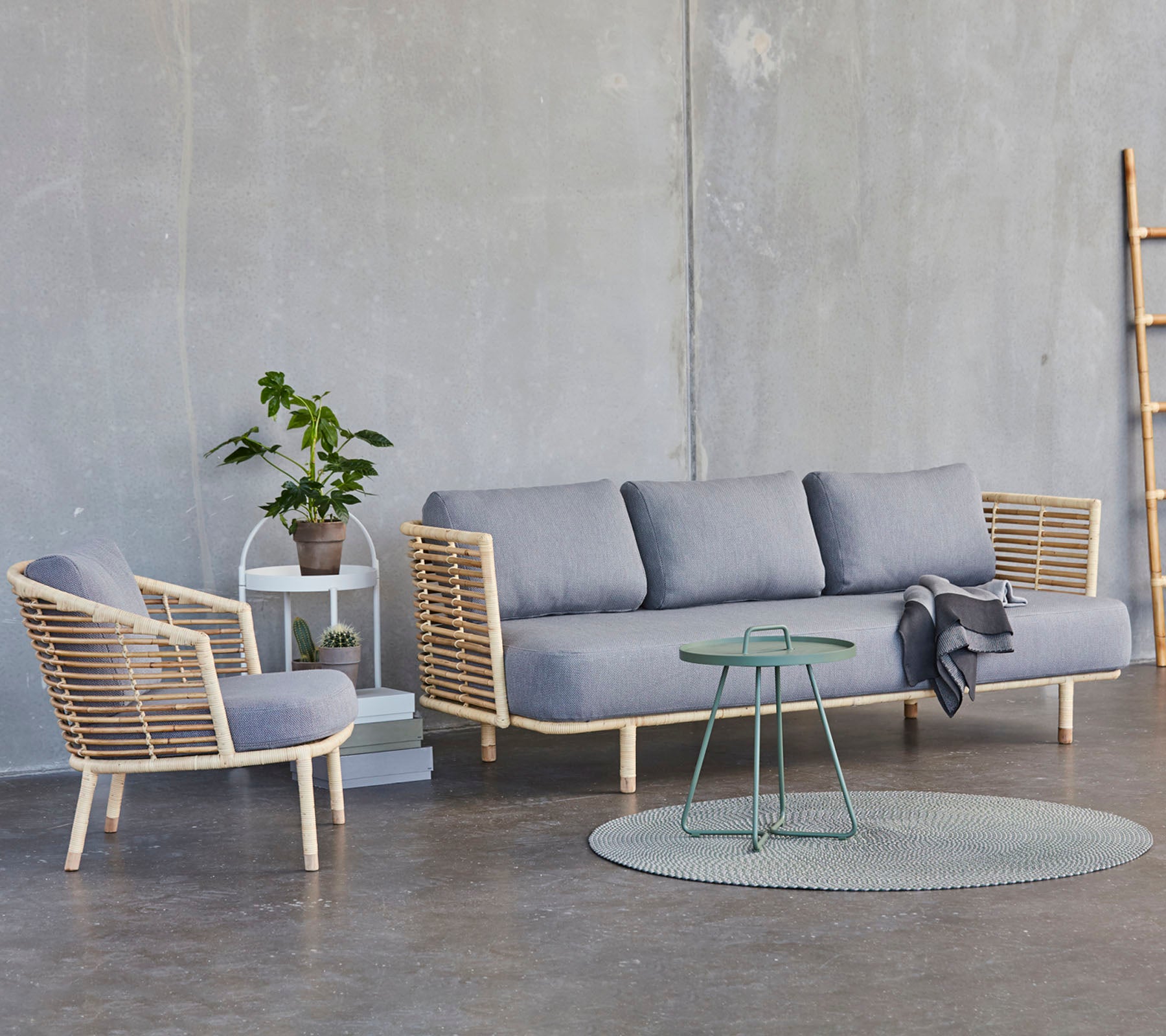 A modern seating arrangement featuring a gray sofa, a matching chair, a round rug, and a small table with a potted plant.