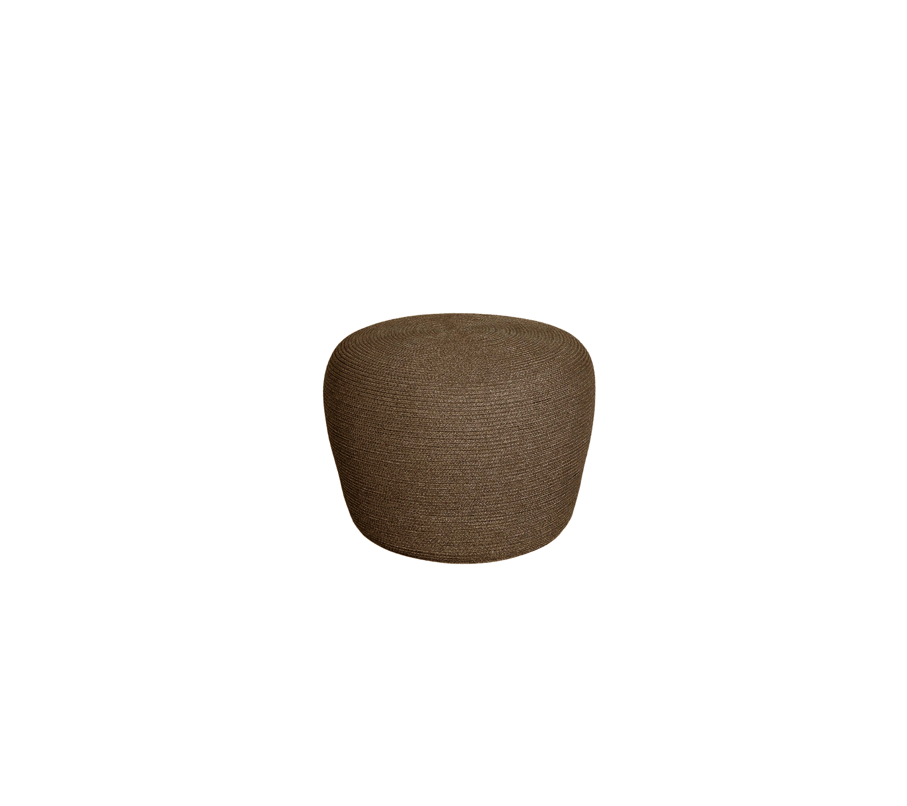 Stylish round ottoman in a textured brown fabric, versatile for seating or as a decorative accent.