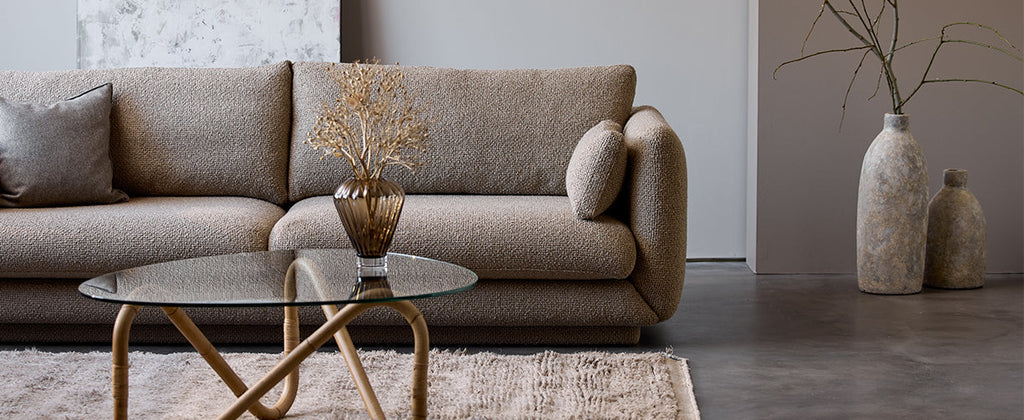 Cover picture of Bloom 3-seater sofa in Kimi-Flair fabric in the Taupe colour with Wave coffee table in front