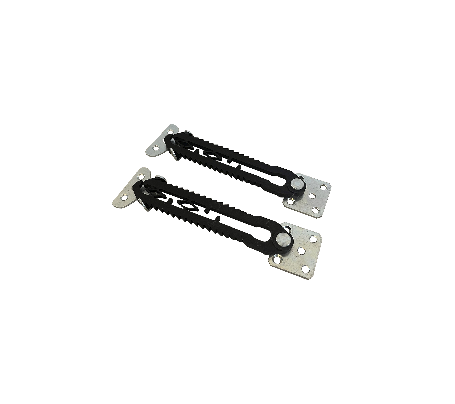 Pair of adjustable metal brackets with black rubber straps, designed for secure fastening and support in various applications.