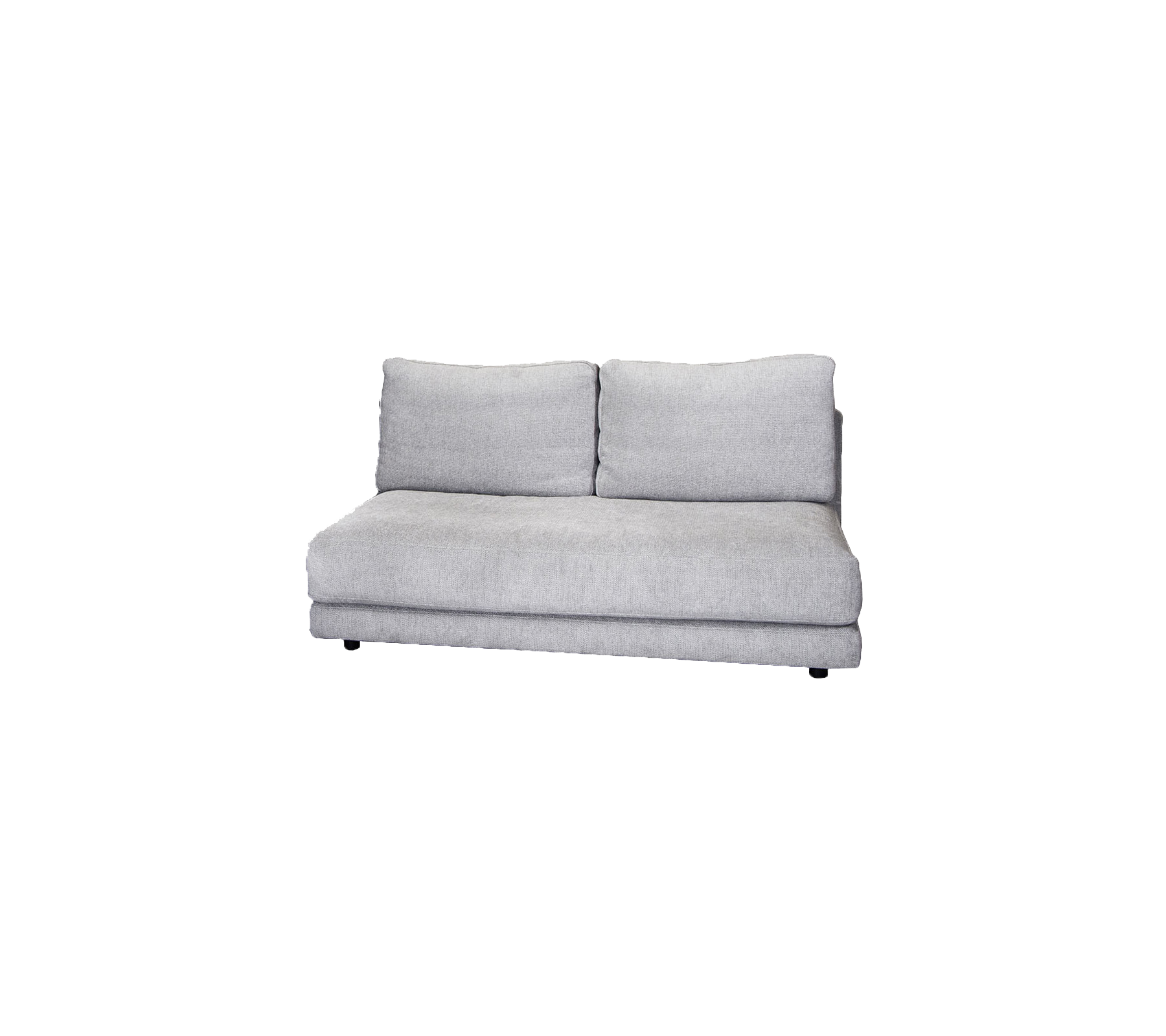 Grey upholstered sofa with two back cushions, featuring a sleek, modern design. Ideal for enhancing cozy spaces.