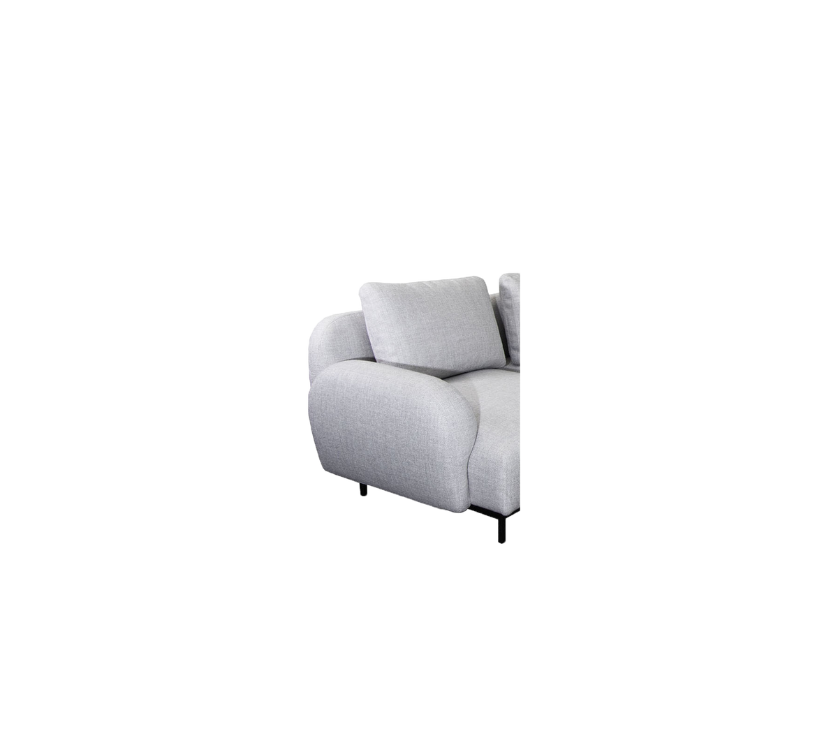 Light gray sectional sofa with plush cushions and curved armrest, designed for comfort and style.