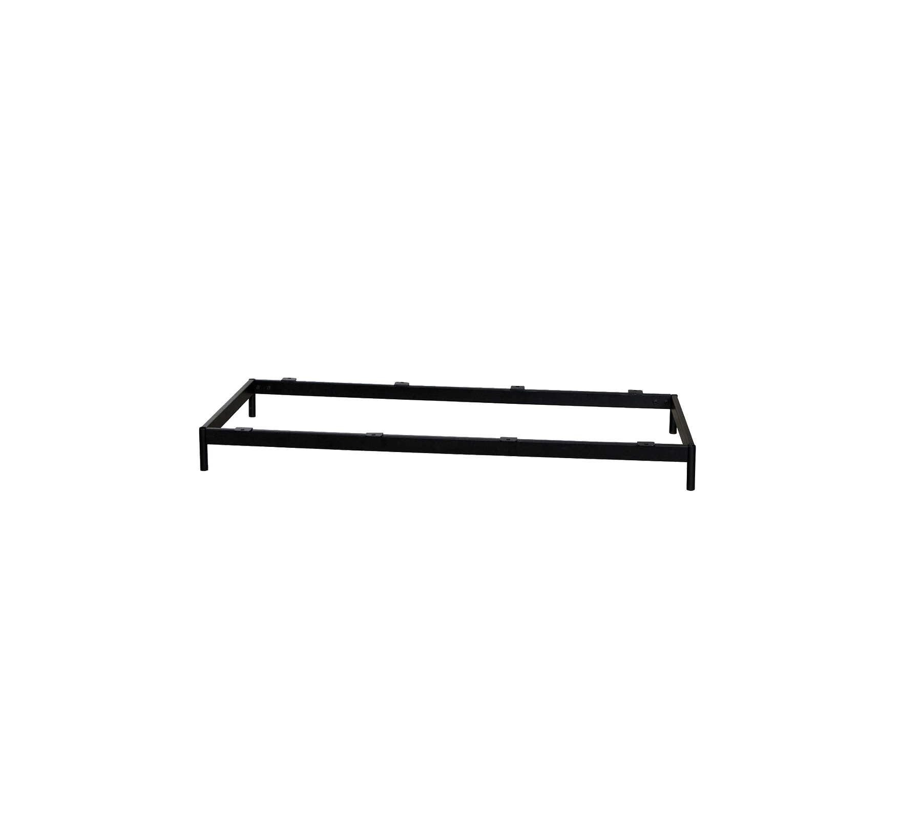 Metal bed frame in a simple rectangular design, featuring a sleek black finish for versatile decor compatibility.