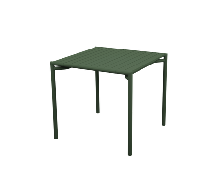Square table with a slatted surface and sturdy green legs, designed for versatile use in various settings.