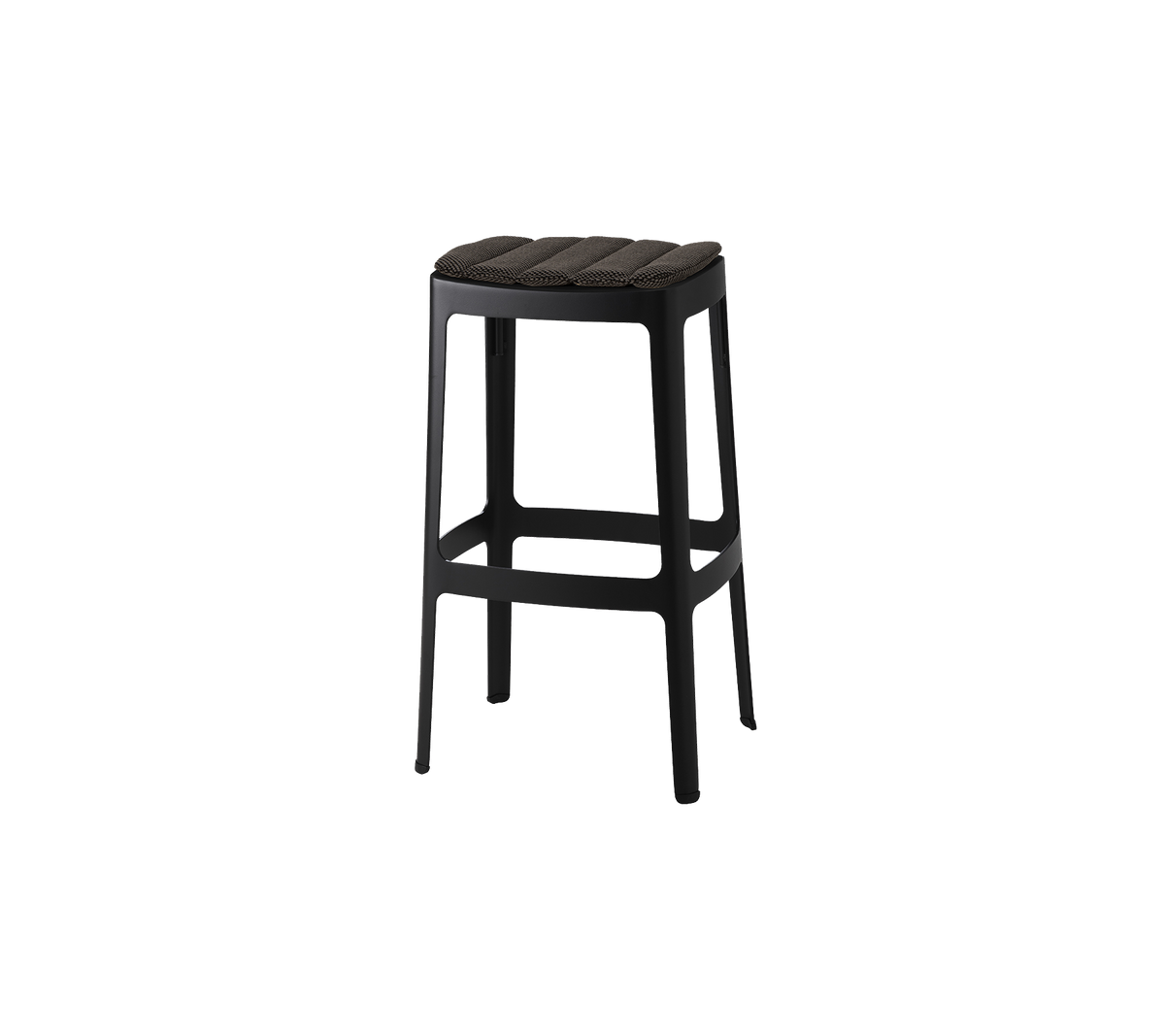 A sleek black bar stool with a slatted seat and sturdy legs, designed for comfort and style. Ideal for modern settings.