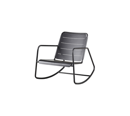 A modern rocking chair featuring a sleek black frame and a simple, clean design with slatted styling on the seat and backrest.