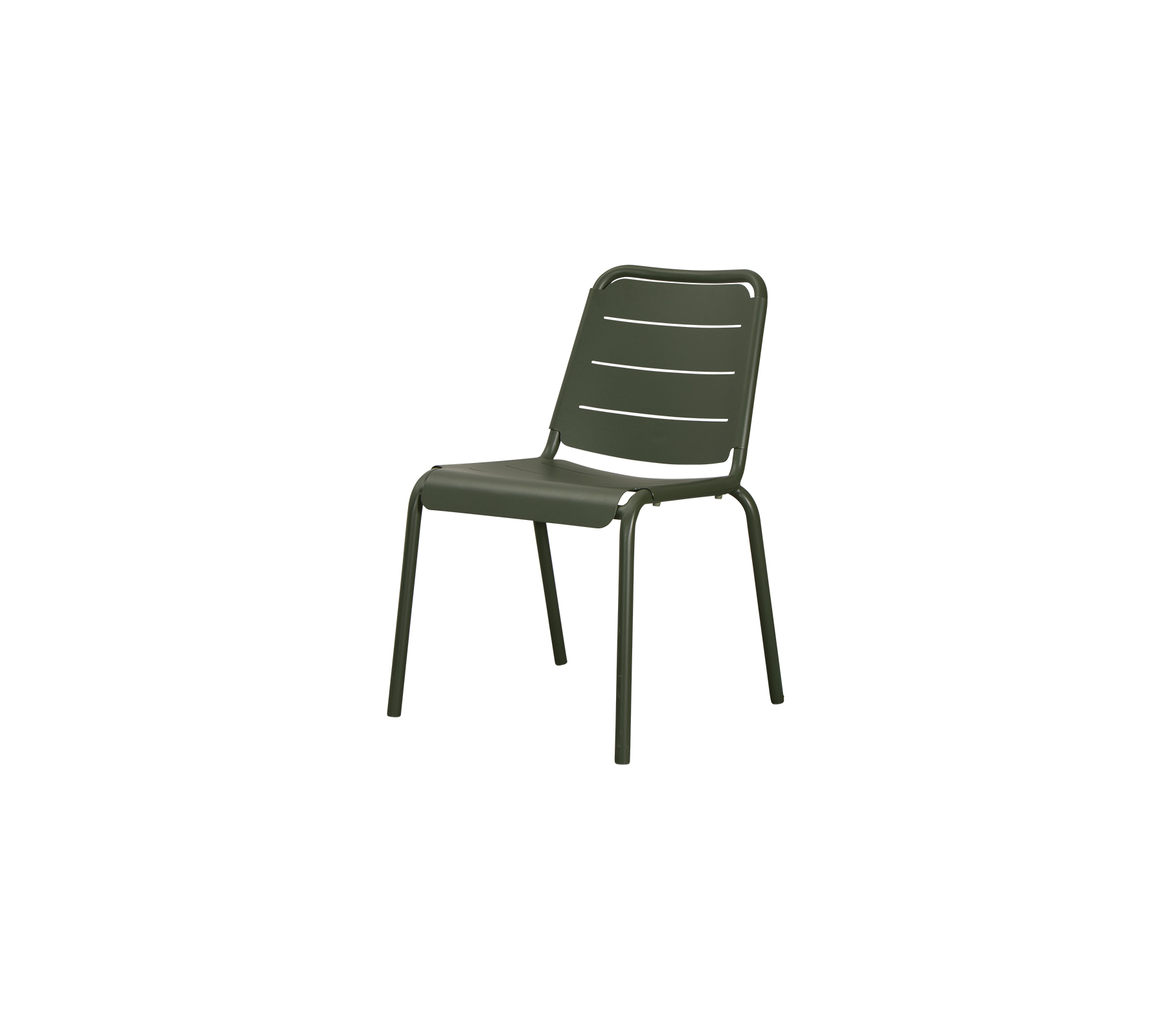 Green metal chair with a simple design featuring vertical slats on the backrest and sturdy legs.