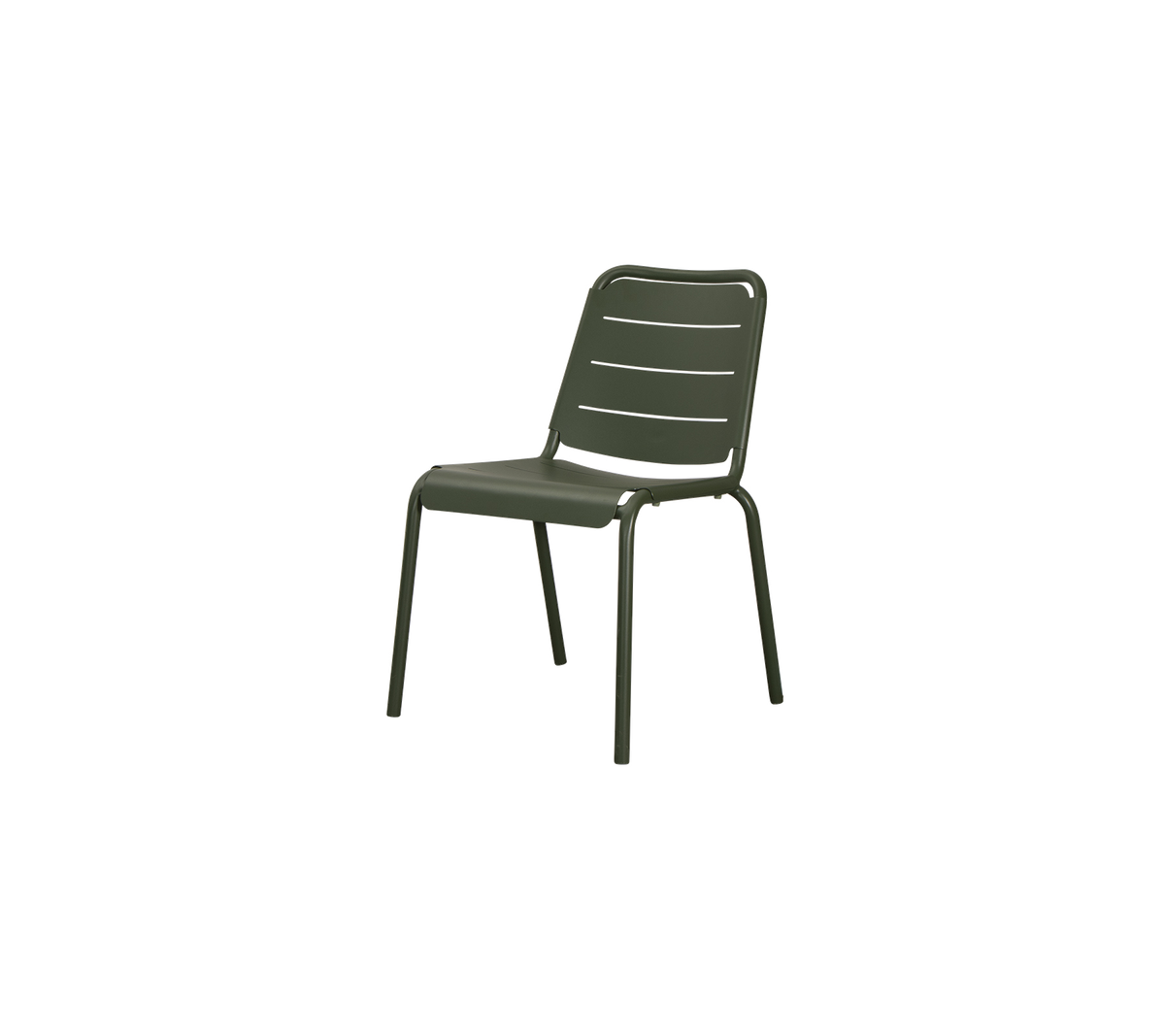 Green metal chair with a simple design featuring vertical slats on the backrest and sturdy legs.