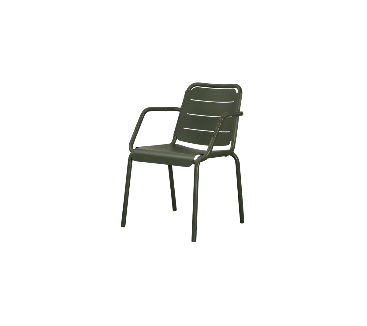 A green plastic chair with armrests and a slatted design, suitable for casual seating in various settings.