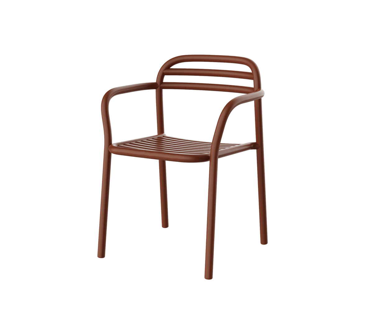 Brown chair with a modern design featuring curved arms and horizontal slats on the backrest. Ideal for casual seating.