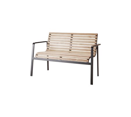 Wooden bench with a slatted seat and backrest, featuring a sturdy metal frame for support and durability. Ideal for relaxation and seating.