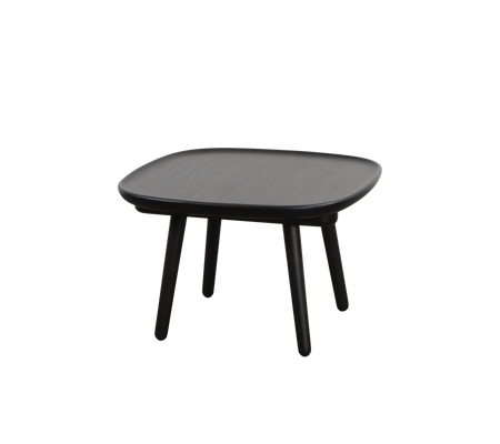 Square black table with a smooth surface and four slender legs, designed for versatility and simplicity in style.