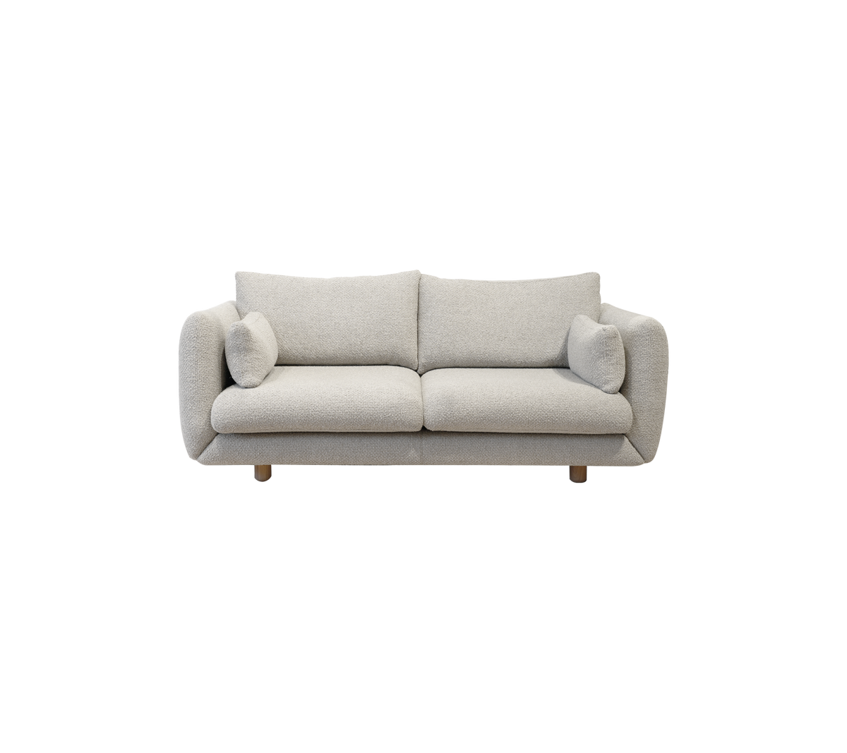 Cozy light gray sofa with rounded arms and two matching cushions, resting on wooden legs. A stylish addition to any living space.