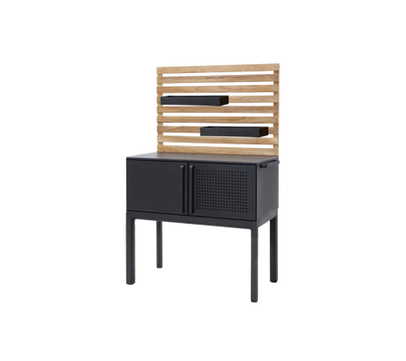 Stylish cabinet featuring a wooden slatted shelf and a sleek black base with doors and perforated detailing for storage and display.