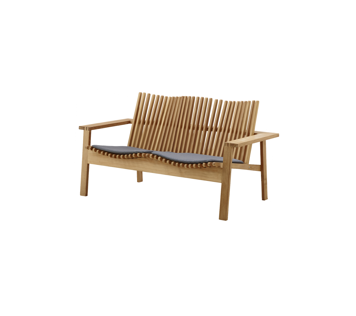 Stylish wooden bench with slatted backrest and comfortable gray cushion, perfect for relaxation and seating in any space.