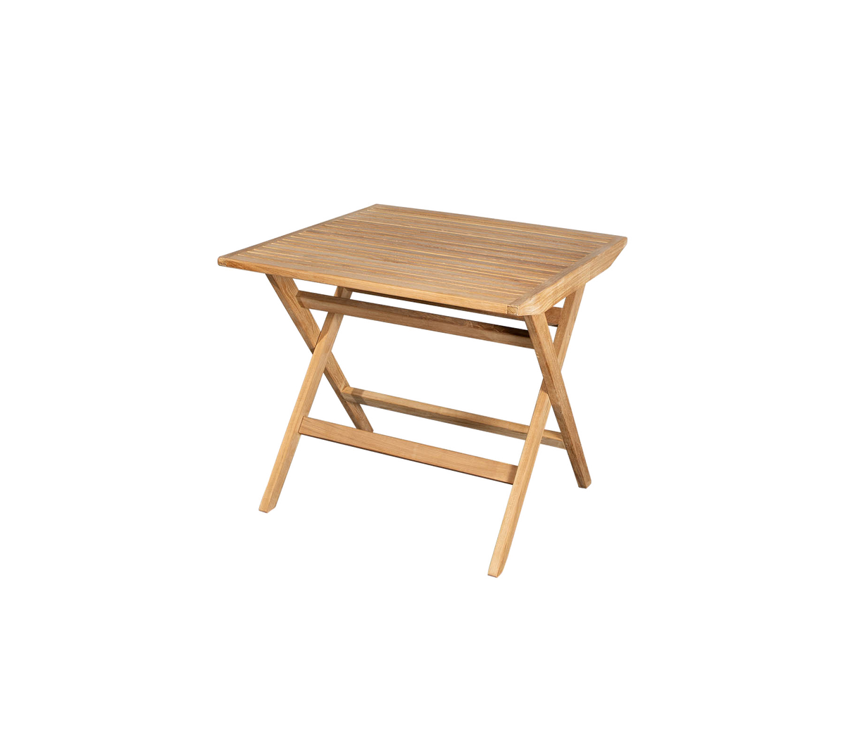Compact wooden table with a slatted top and crossed legs, perfect for versatile use in various settings.
