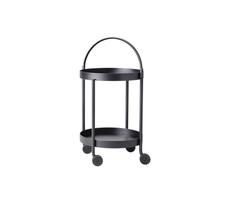 Black two-tiered serving cart on wheels with a curved handle and minimalist design, ideal for versatile storage and display.