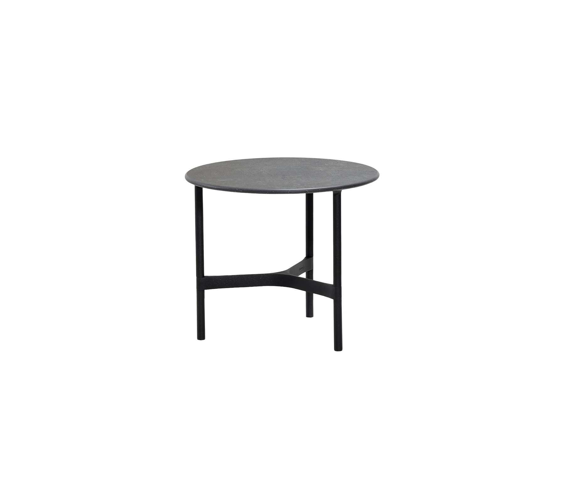Round table featuring a gray surface and sturdy black legs, designed for versatile uses in various settings.