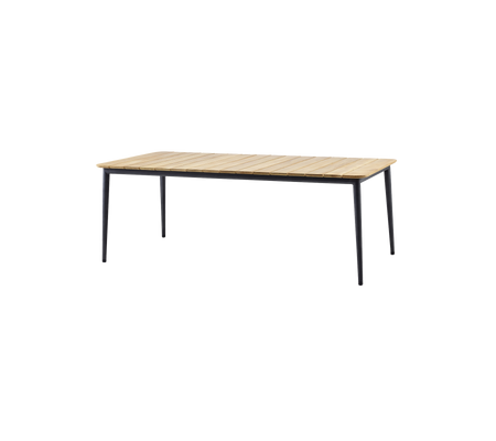 Stylish table featuring a wooden slat top and sleek black legs, perfect for various settings and uses.