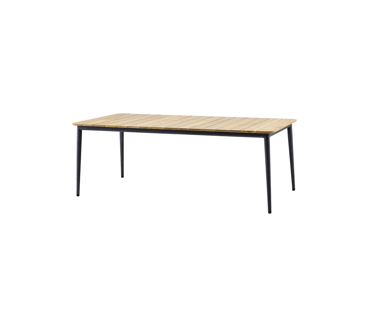 Stylish table featuring a wooden slat top and sleek black legs, perfect for various settings and uses.