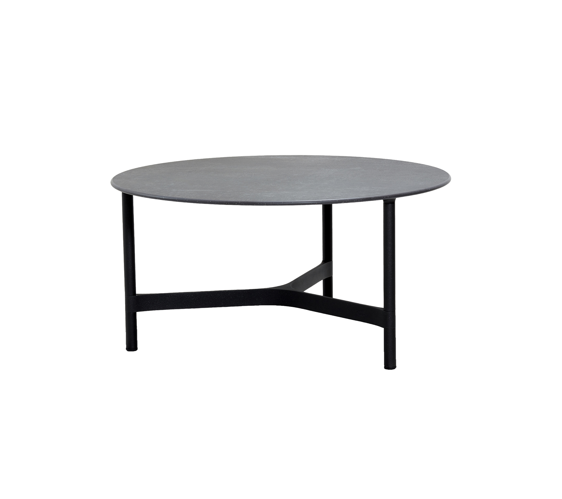 Round tabletop with a gray surface, supported by a sleek black frame with a minimalist design. Ideal for modern decor.
