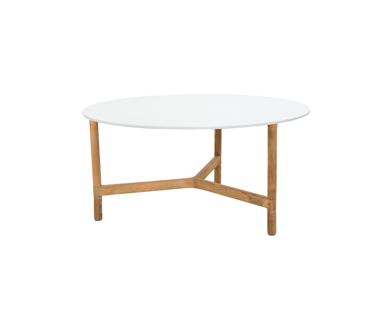 A round coffee table featuring a sleek white top supported by sturdy wooden legs with a unique cross design.