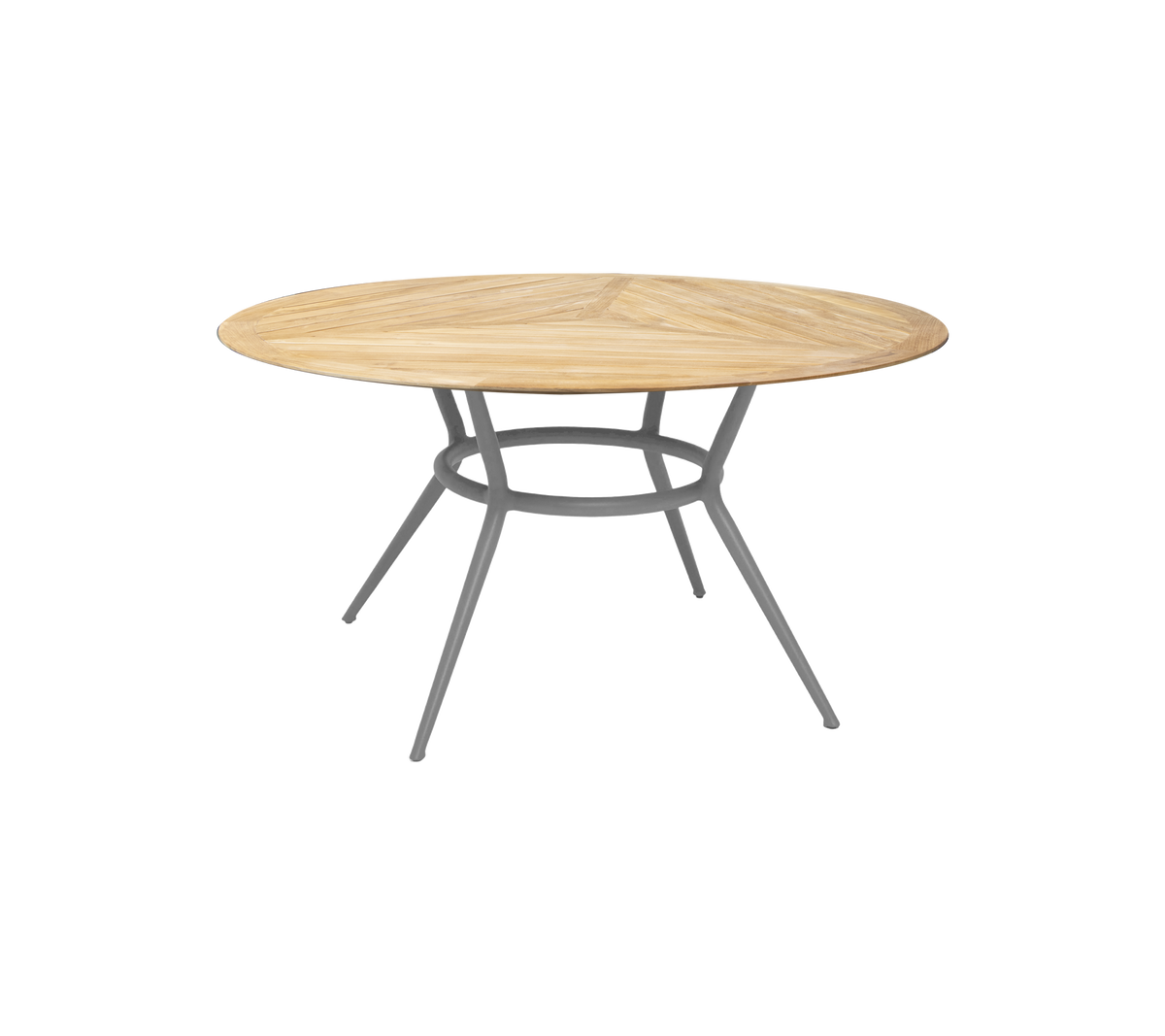 Round wooden table with a natural finish and a sleek, modern metal base featuring three angled legs. Ideal for various settings.