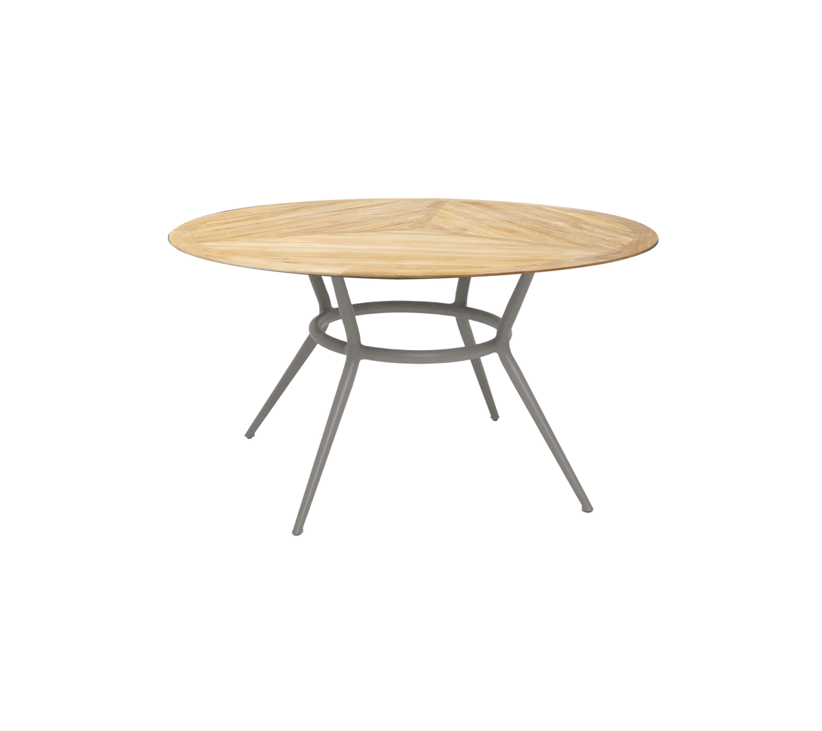 Round wooden table with a light wood finish and sturdy grey legs, offering a modern and stylish design for various settings.