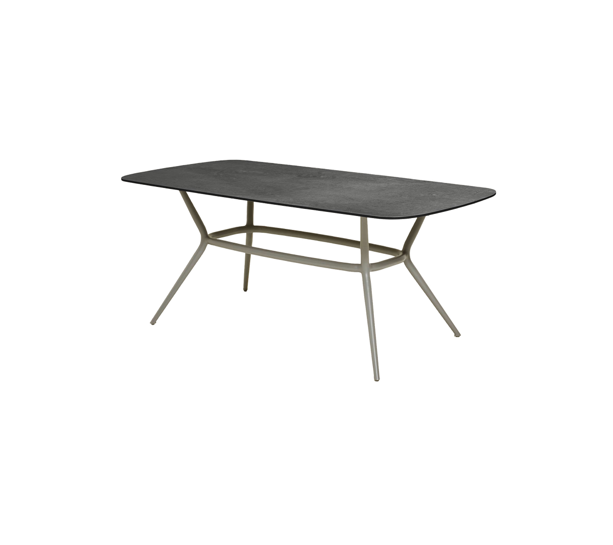 Modern rectangular table with a sleek dark surface and stylish, angled legs for a contemporary look. Ideal for various settings.