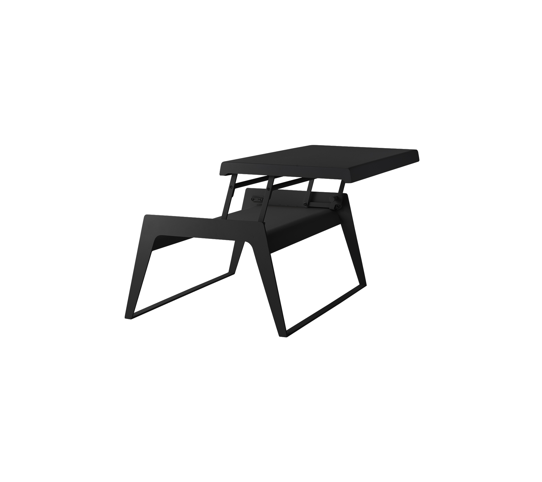 Stylish black table with a modern design featuring a spacious surface and unique angled legs. Ideal for contemporary spaces.