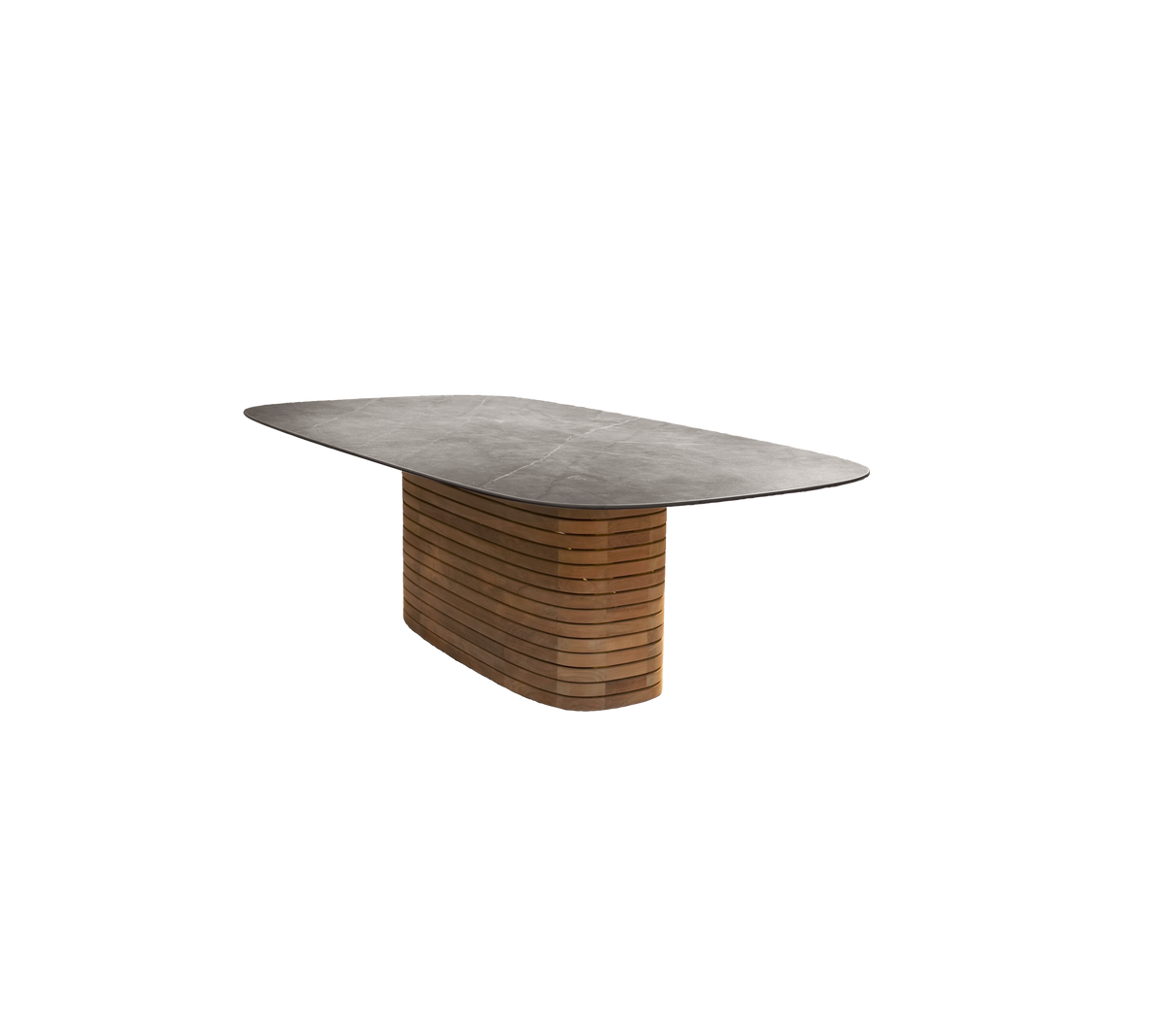 Teak table with a smooth top and distinctive base design.