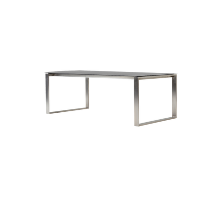Sleek, modern table with a smooth surface and sturdy metal legs, perfect for dining or working arrangements.