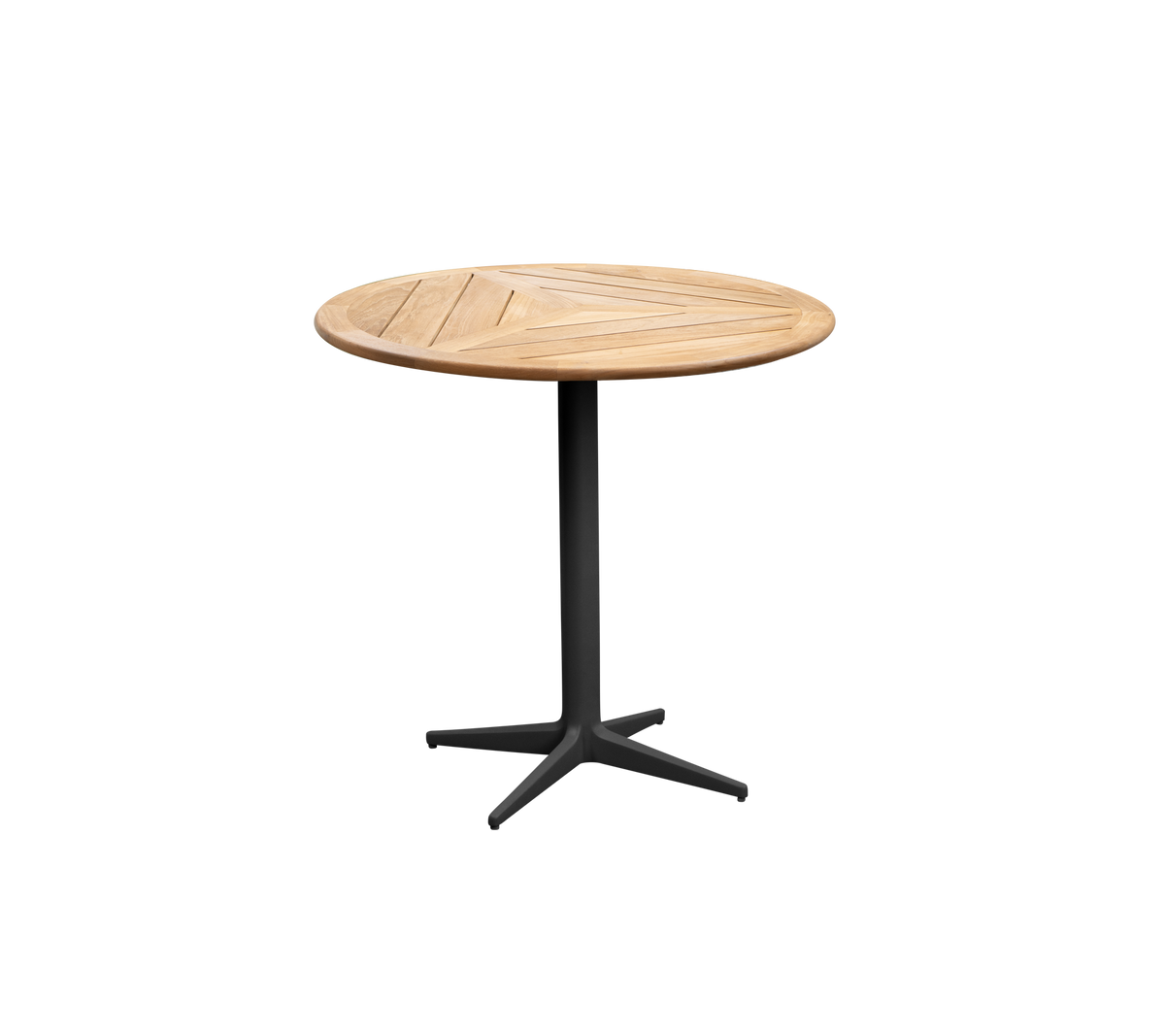 Round wooden table with a slatted top and a sturdy black base, perfect for casual gatherings or aesthetic decor.