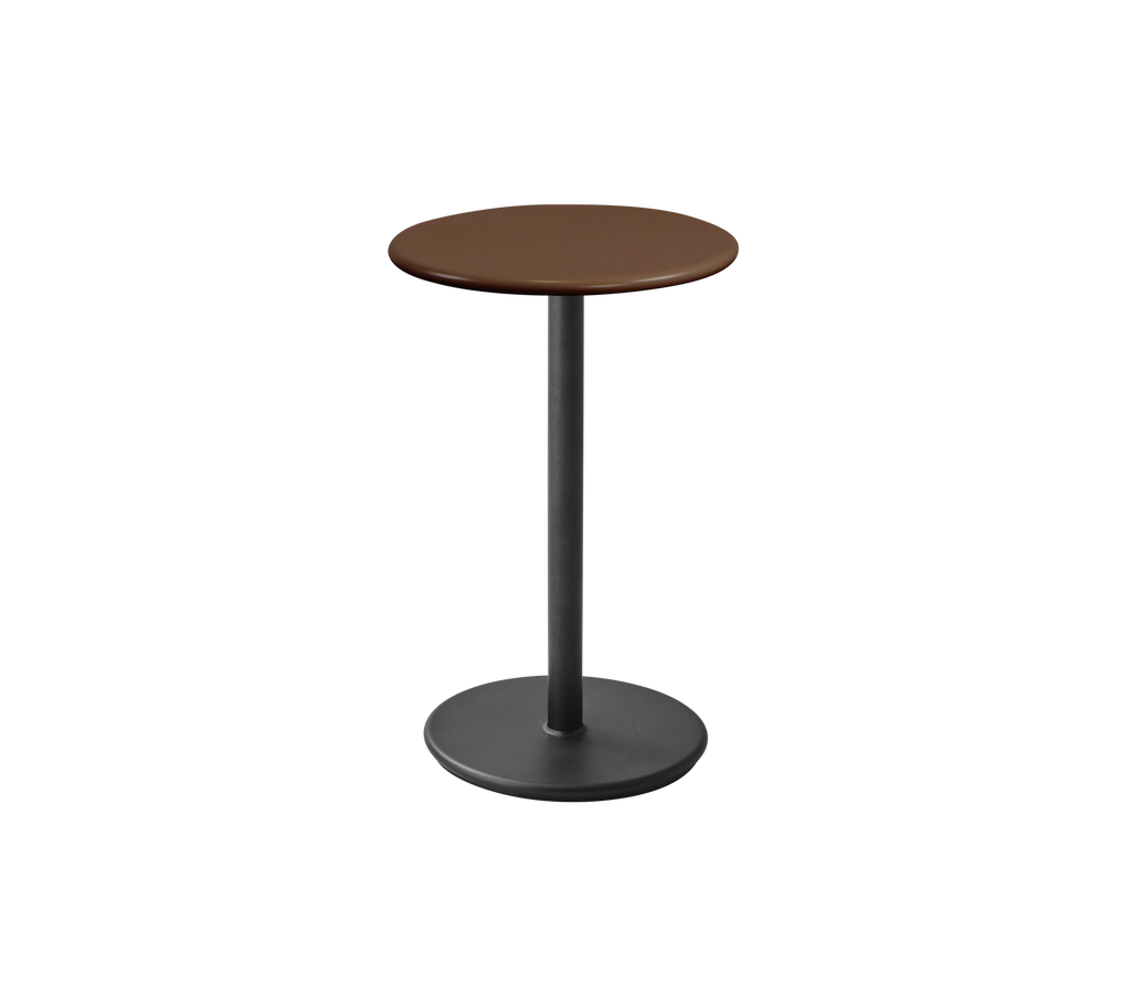 Modern brown table with a sleek design and round top.
