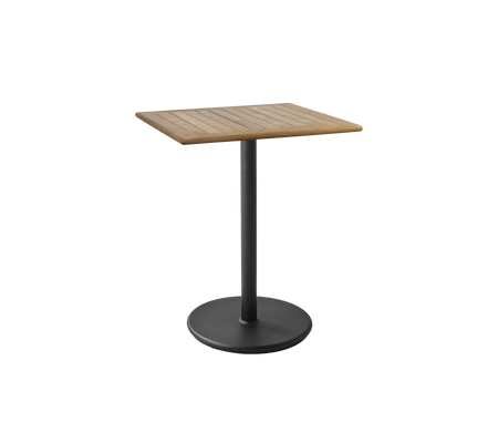 Square table with a slatted wooden top and a sleek black pedestal base, ideal for various settings and styles.