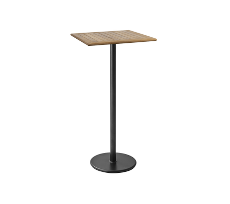 A sleek, modern table with a square wooden top and a sturdy black metal base, perfect for casual dining or drinks.