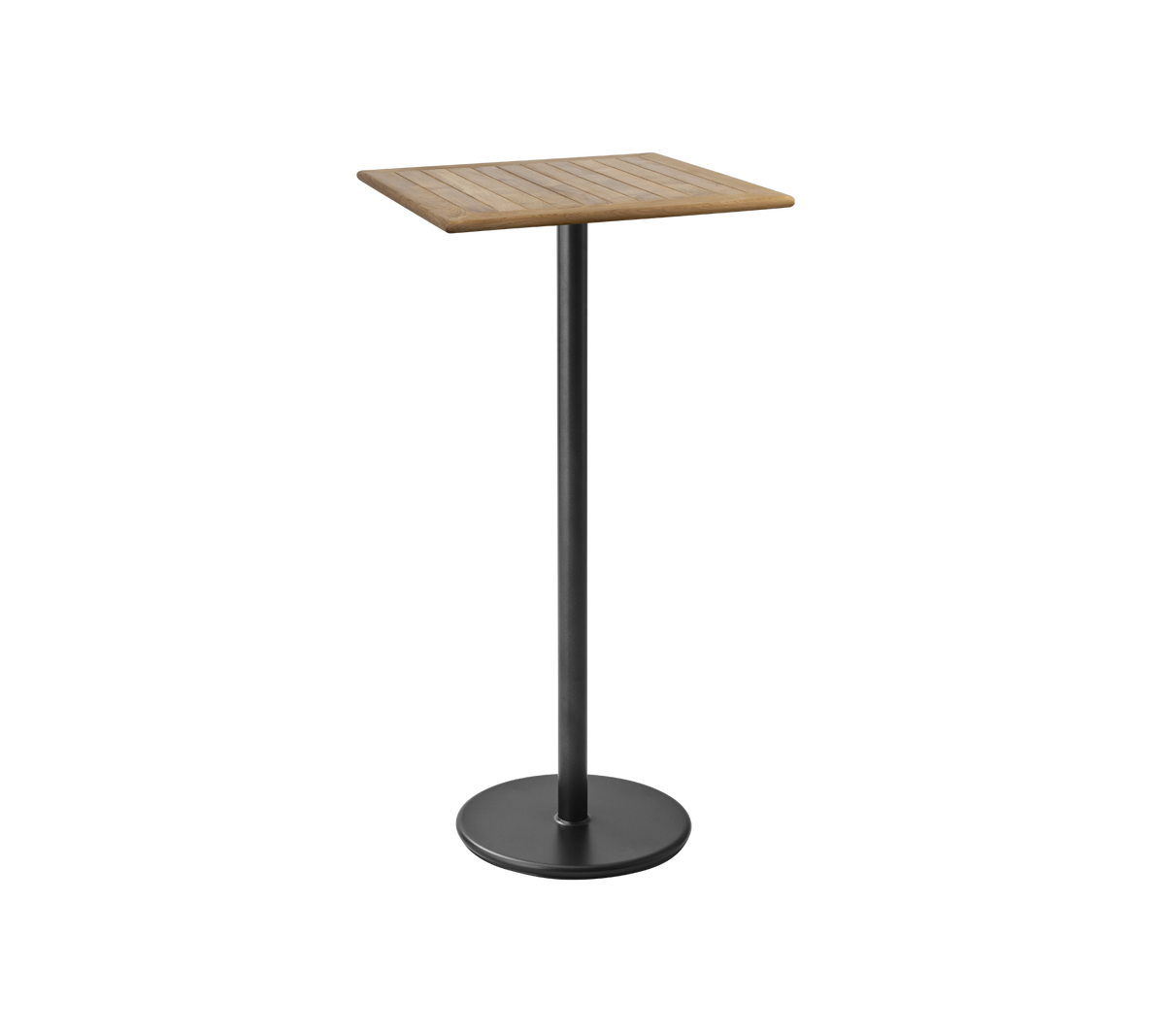 A sleek, modern table with a square wooden top and a sturdy black metal base, perfect for casual dining or drinks.