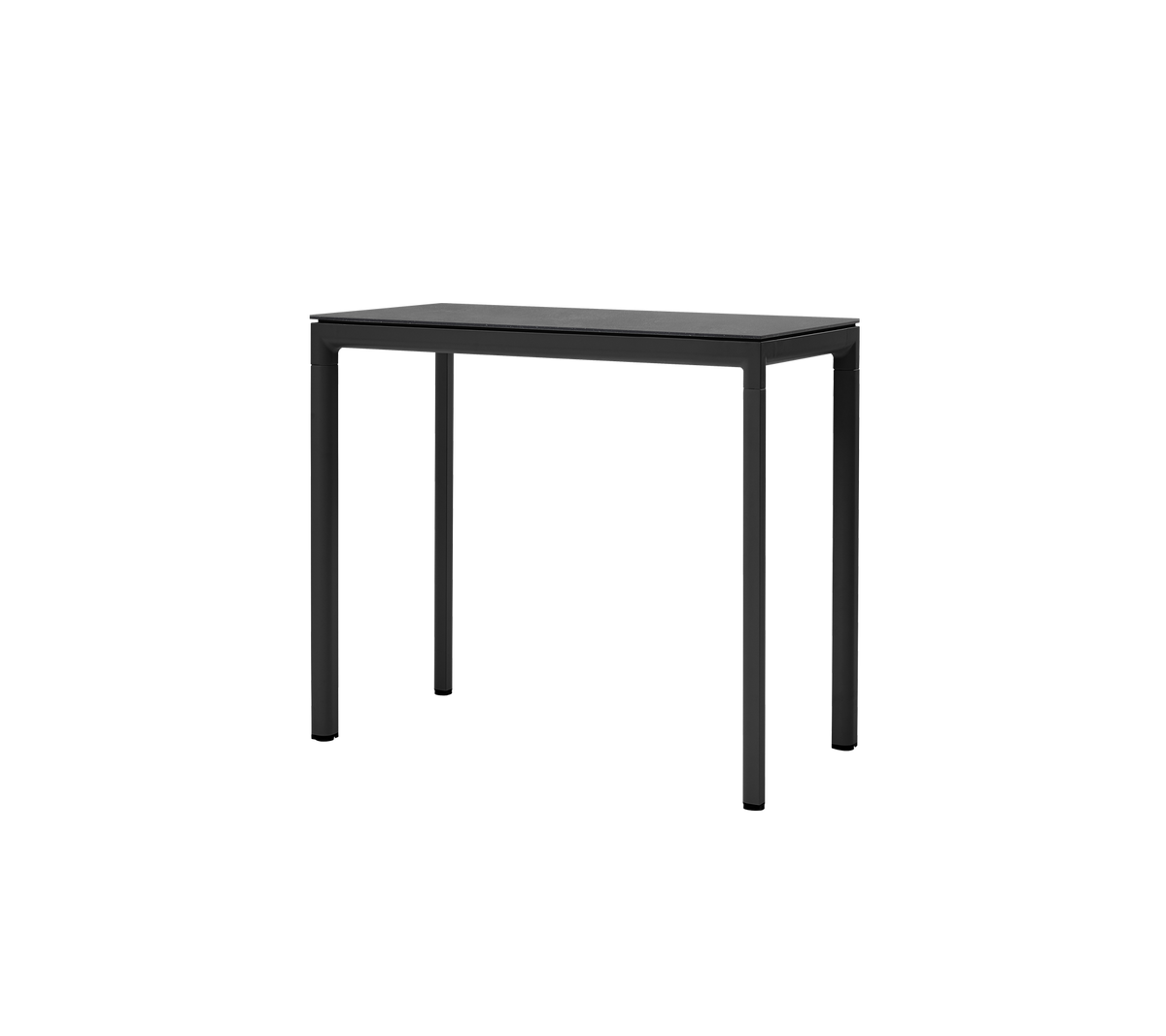 A sleek black table featuring a minimalist design with four sturdy legs, ideal for versatile use in various settings.