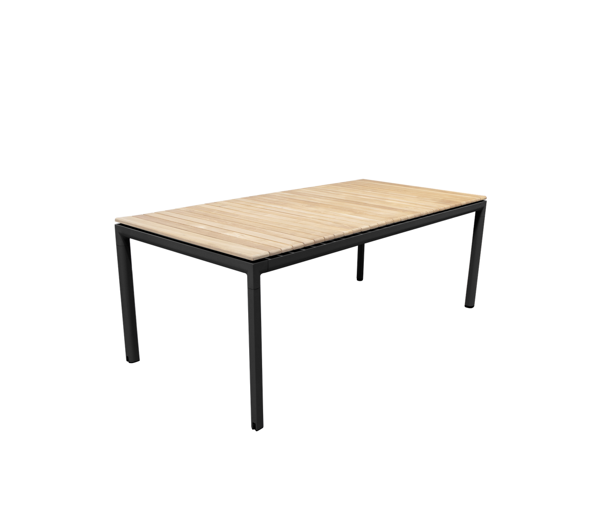 A modern table with a sleek black metal frame and a light wood surface, designed for versatile use.