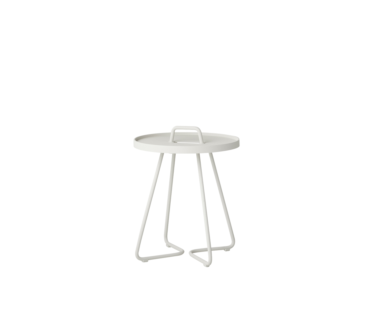 Modern circular side table with a minimalist design and sturdy, angular legs in a clean white finish.