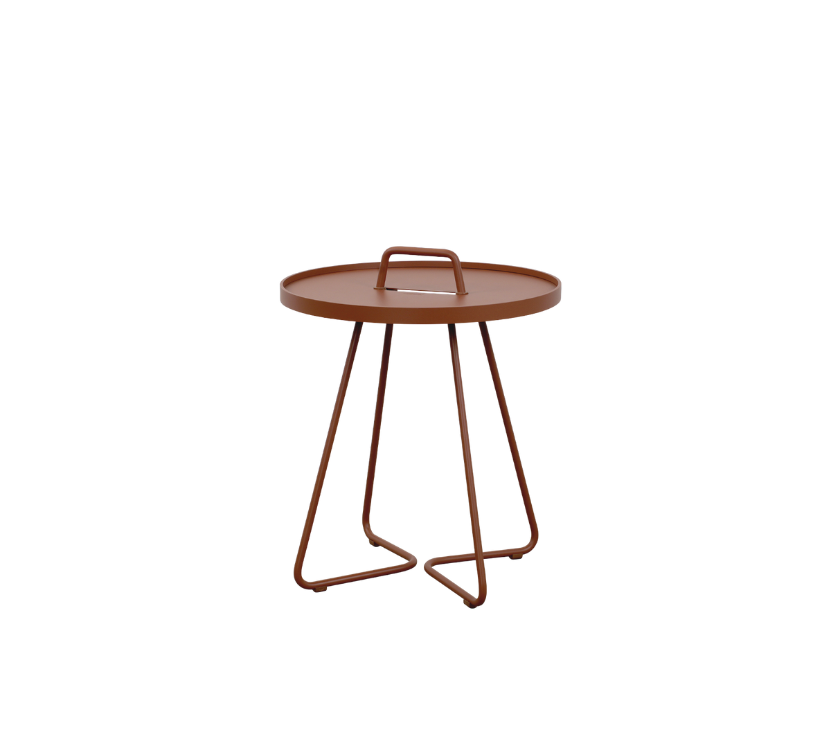 Round tray table with a sleek design, featuring a handle and three slender legs, finished in a warm brown color.