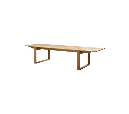 A long wooden table with a smooth surface and sturdy legs, ideal for gatherings and communal dining experiences.